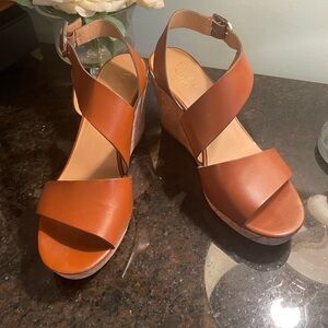 Franco Sarto Marabel Camel Brown Cork Wedge Heel Slingback Sandals Size 8 M